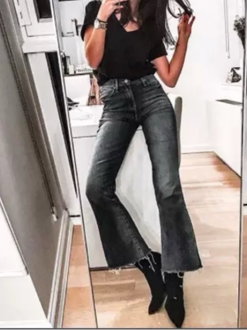 MOTHER Sz 29 The Weekender Fray Night Shadow Flared Black High Rise Jeans Womens